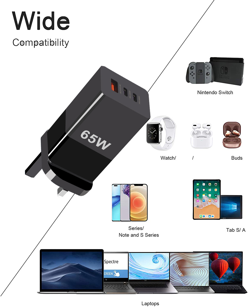65W Mini Type-C Fast Charging PPS 65W GaN Charger with Three Ports and A 2C Technology