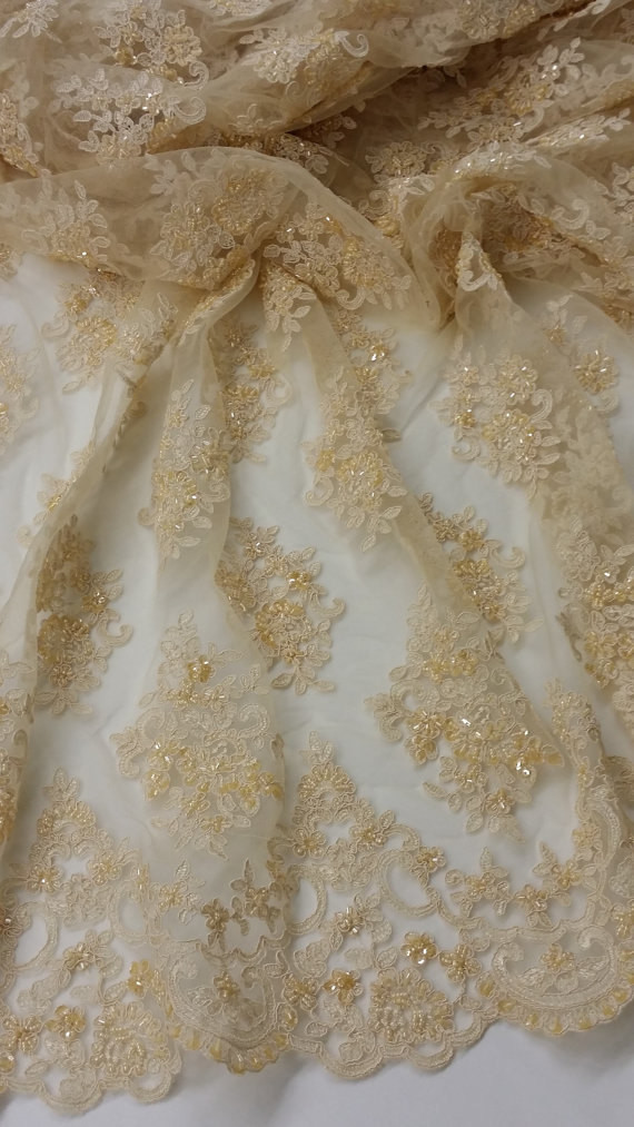 French Stretch Beige Pearl Beaded Wedding Lace Fabric With Scalloped Edge