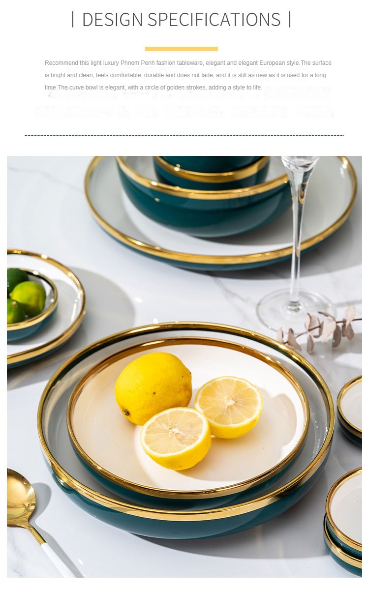 Hot Sale Exquisite Life High Quality Gold Frame Dark Green Home Porcelain Dinner Set Ceramic Tableware Set