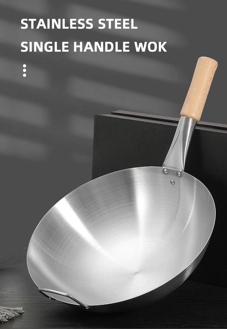 Restaurant Hotel Steel Kitchen Wok Pan With Wooden Handle Stainless Steel 201 Wok
