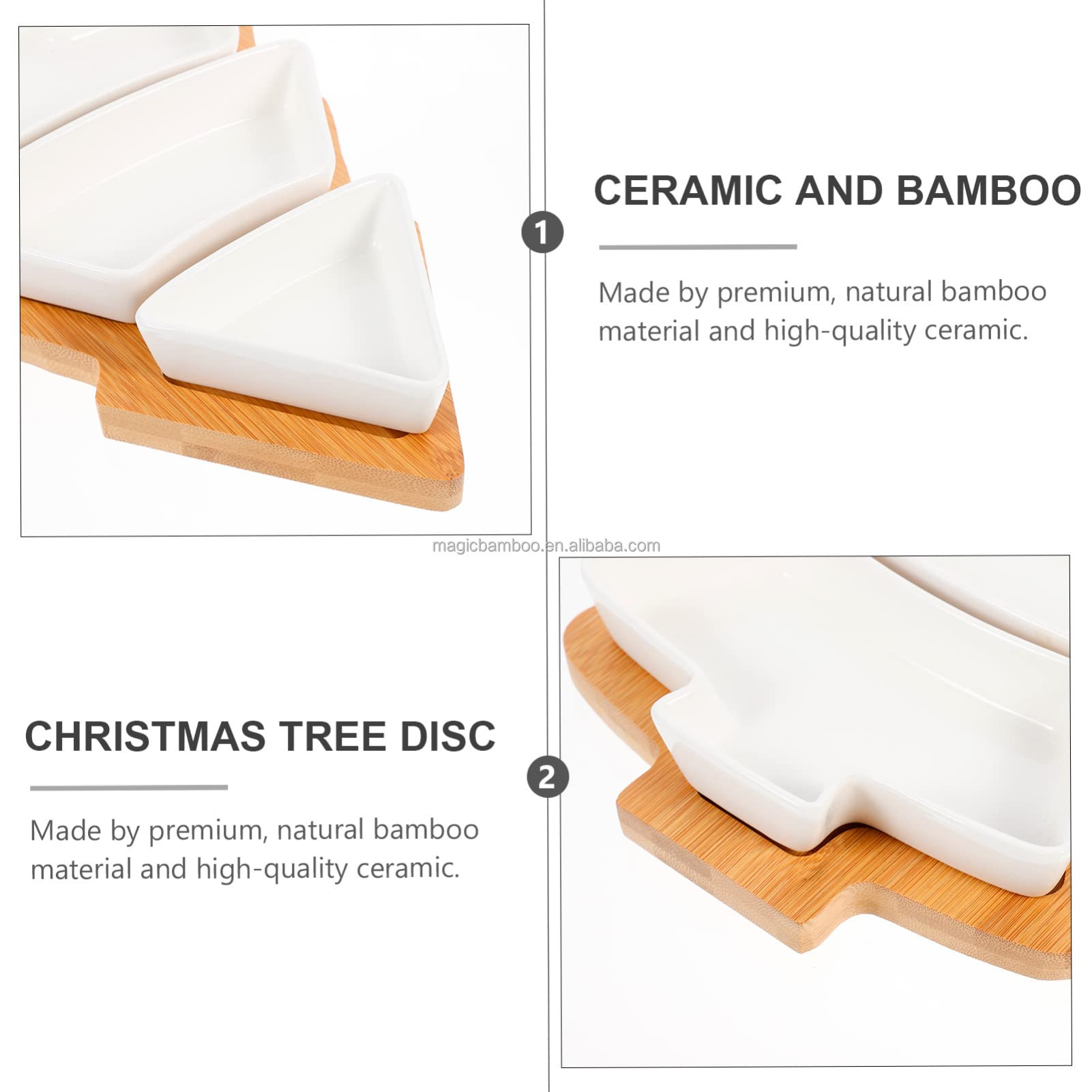 Festive Bamboo Table Tray with Three Removable Ceramic Dishes and Christmas Tree Shape