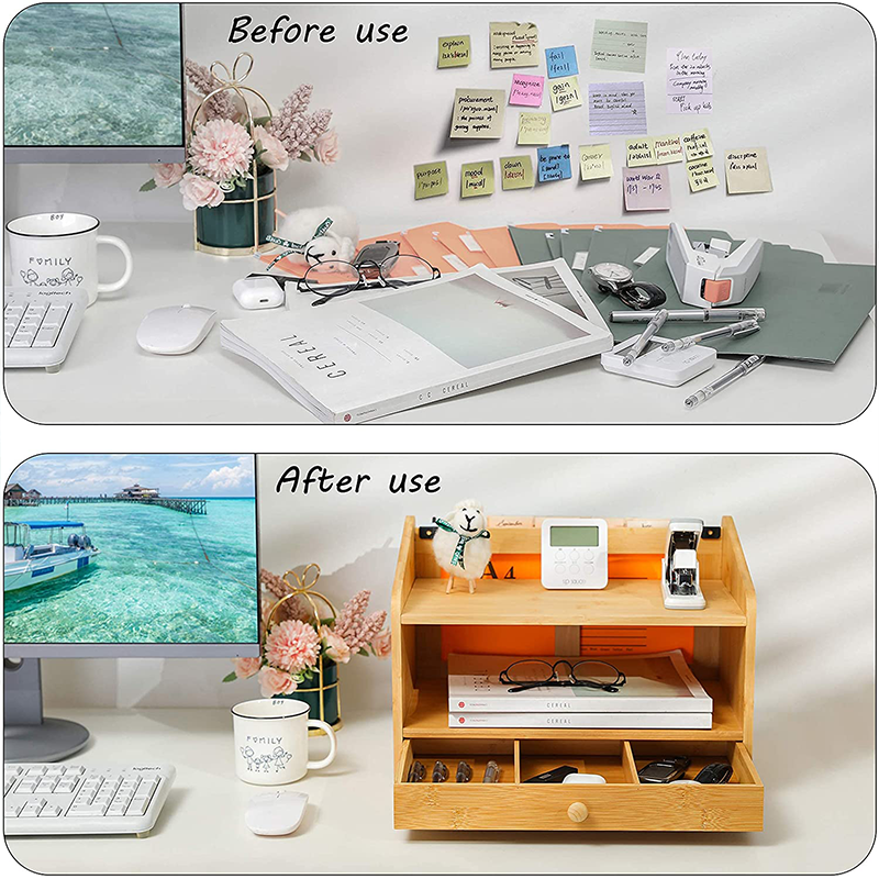 Standing Type Non-folding Rack Bamboo Desk Organizer with Drawer and Storage Cabinet Box