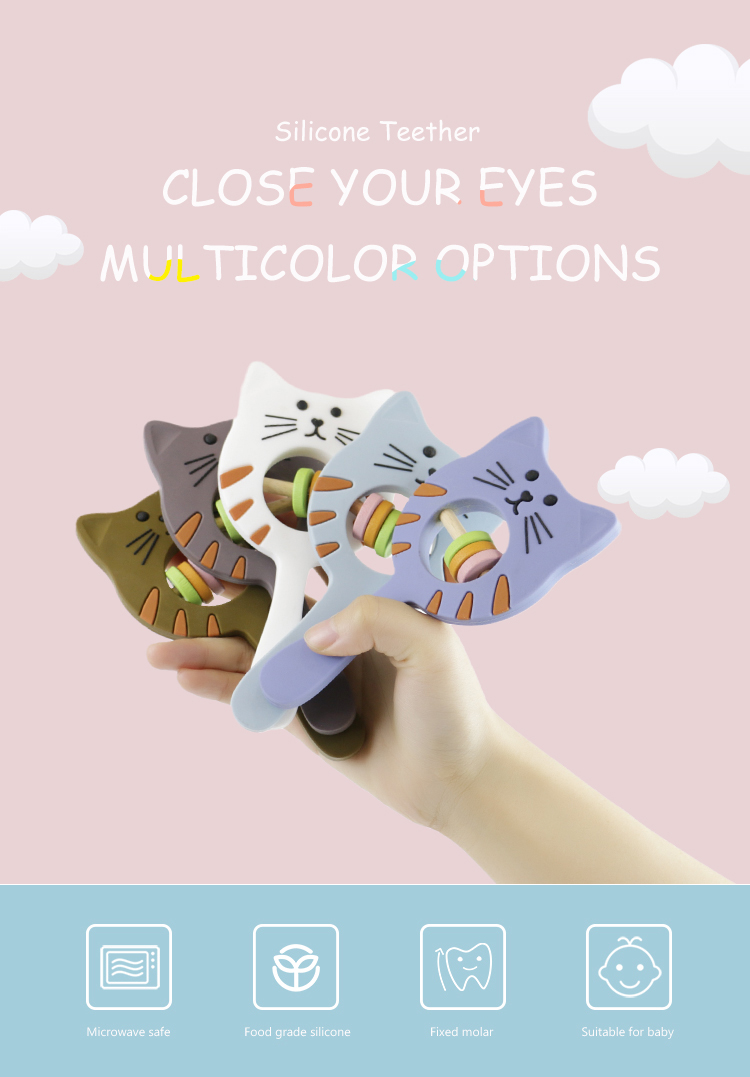 Kitty Shape Food Grade Silicone Rattle Teether For Baby Toddler