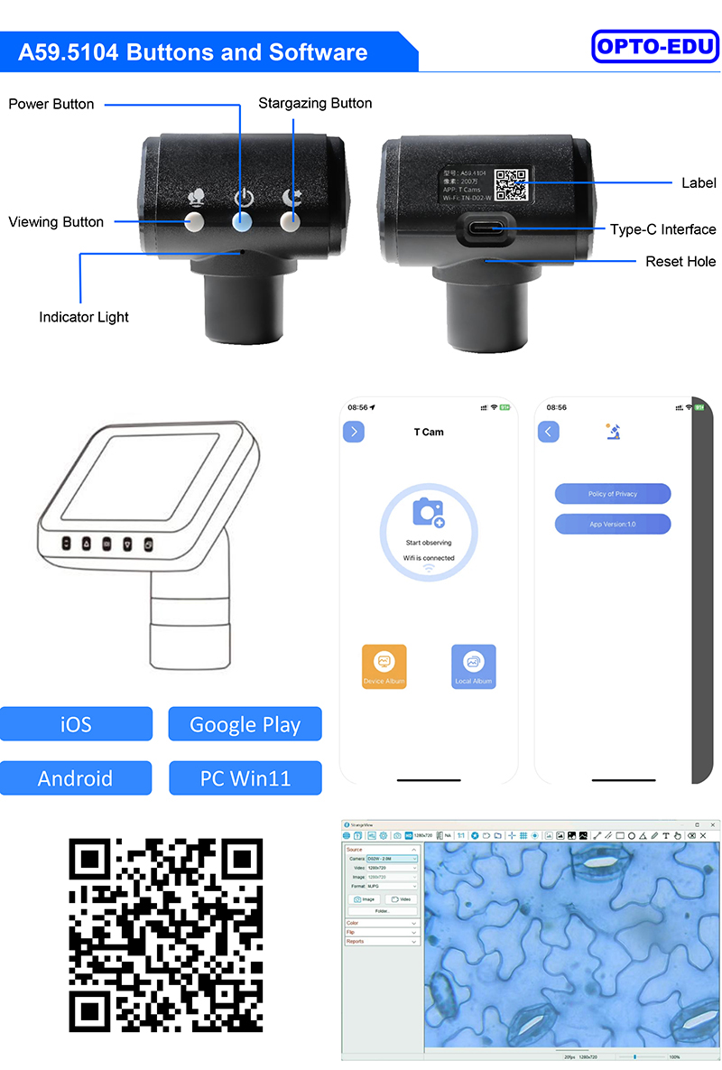 OPTO-EDU A59.5104 2.4G WIFI+USB Digital Camera, 2.0M, 25Fps, Win, Android, iOS