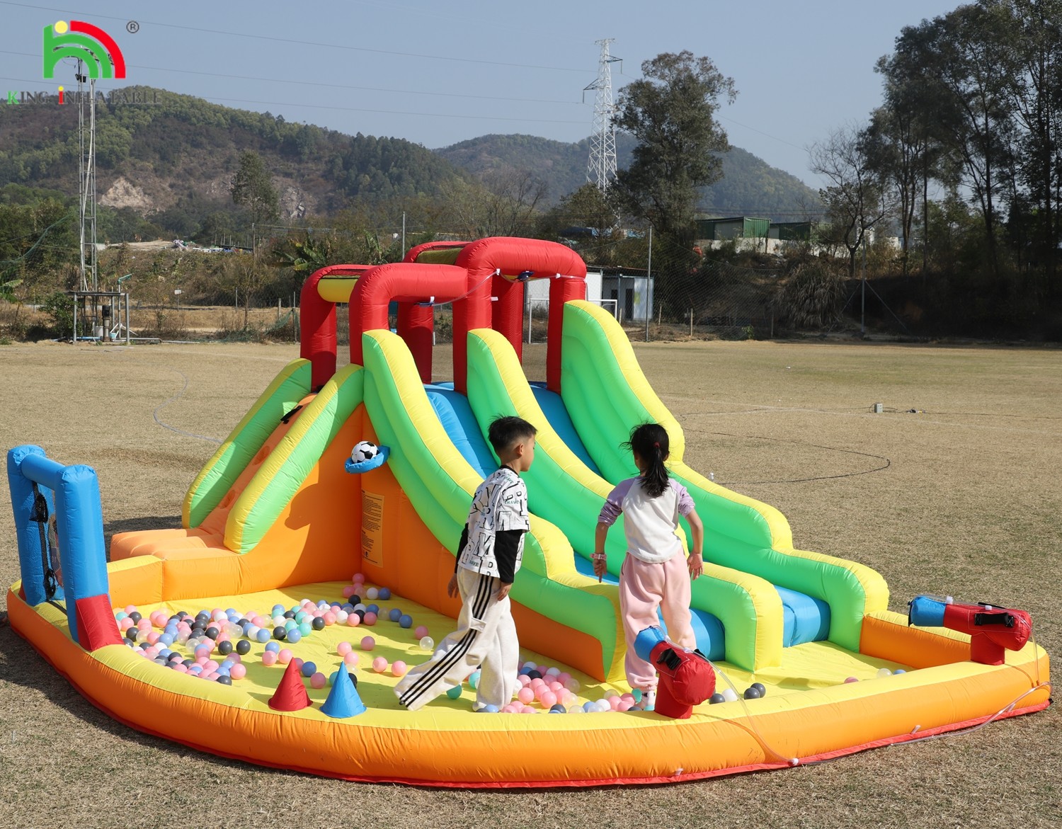 Inflatable Bouncer Combo Bounce House Double Lane Inflatable Water Slide With Water Pool Trampoline Shooting Net Basket Climbing