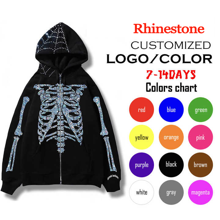 Men's Vintage Oversized Acid Washed Zip Up Raw Hem Rhinestone Cropped Hoodie Customizable