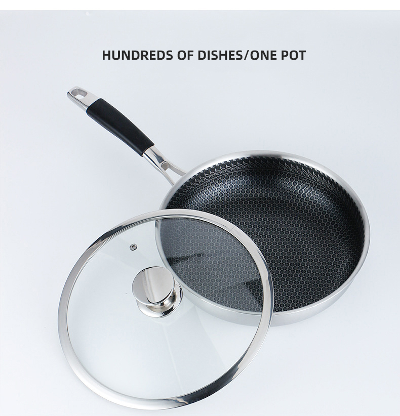 Custom Logo 304 Stainless Steel Frypan Non Stick Universal Oil Free With Glass Lid