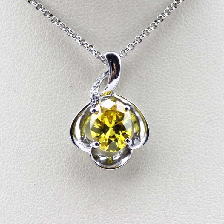 925 Silver Wave Chain Necklace and Citrine Cubic Zircon Pendant (PSJ0431)