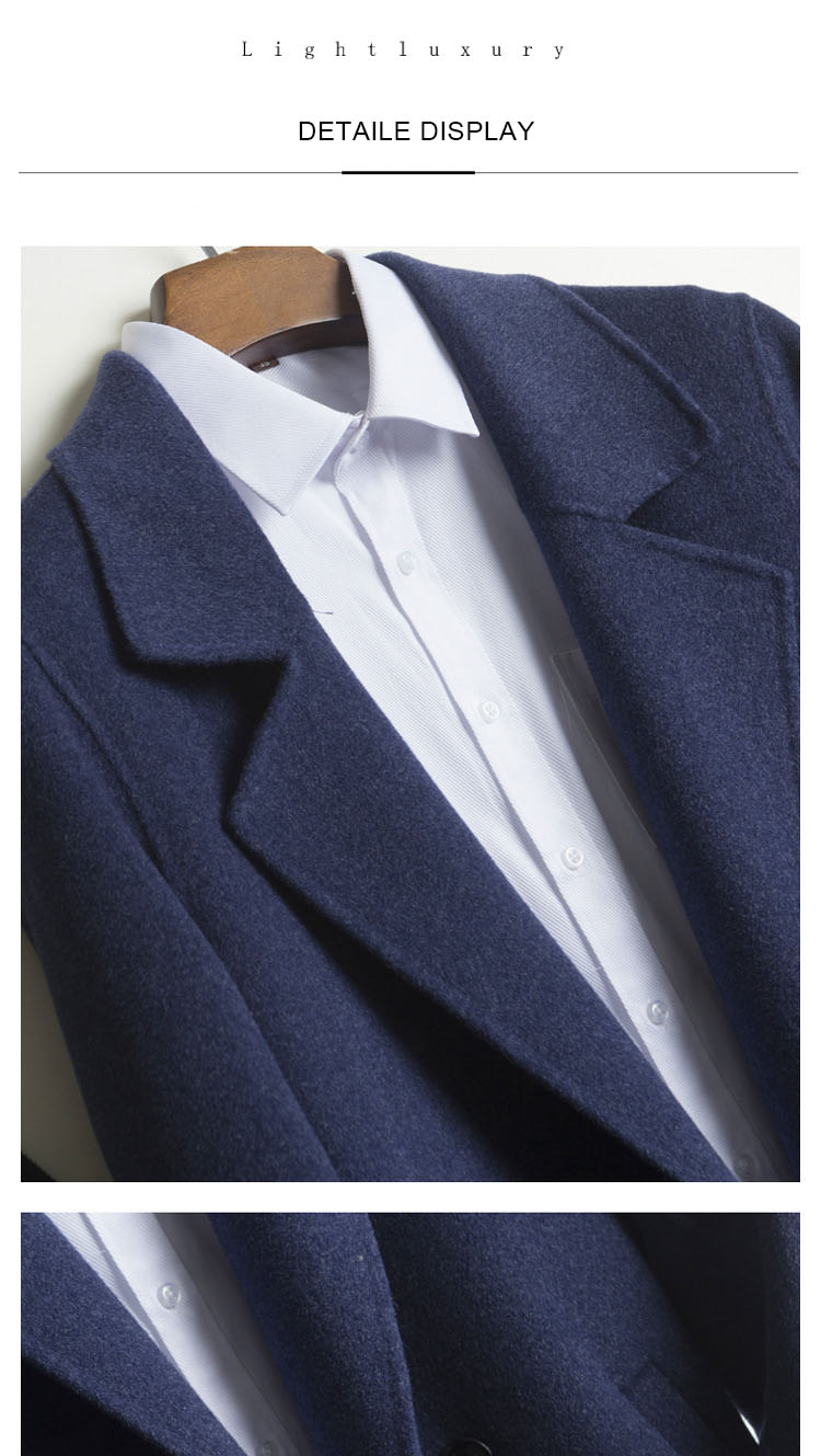 Pure Wool Men's Double-Sided Cashmere Coat Mid-Length Trench Jacket for Casual Outwear