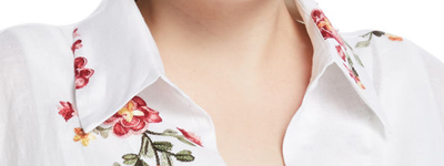Embroidered Tie-Front Plus Size Korean Fashion Design Linen Women Blouse Ladies