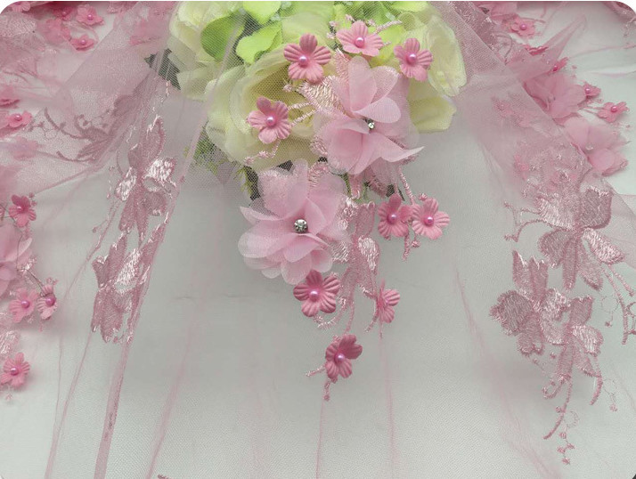 3D Flower Applique Embroidery Lace Fabric with bead and rhinestone