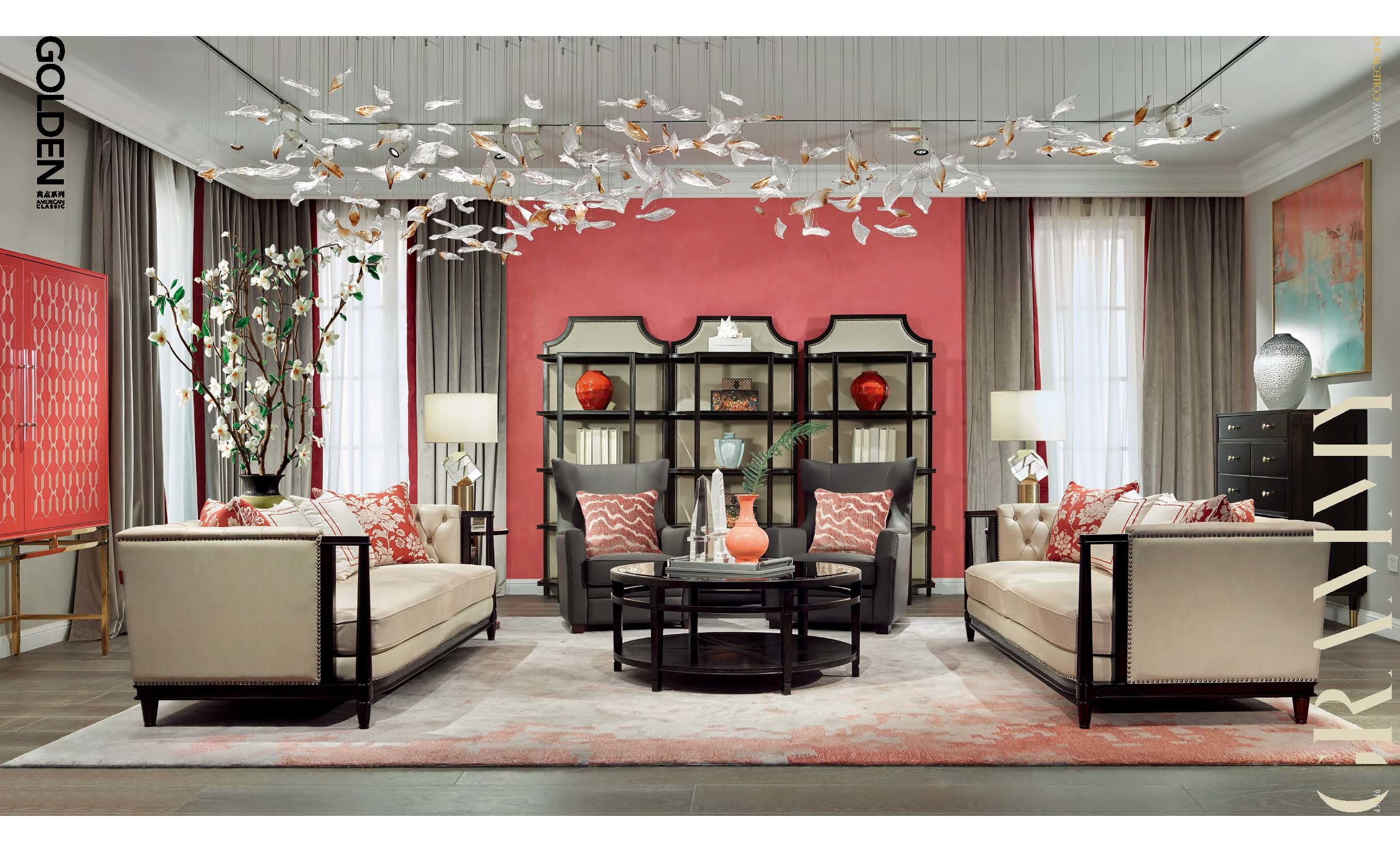 Luxury villa house furniture of Living room leather sofa set made by Maple wood structure with coffee table