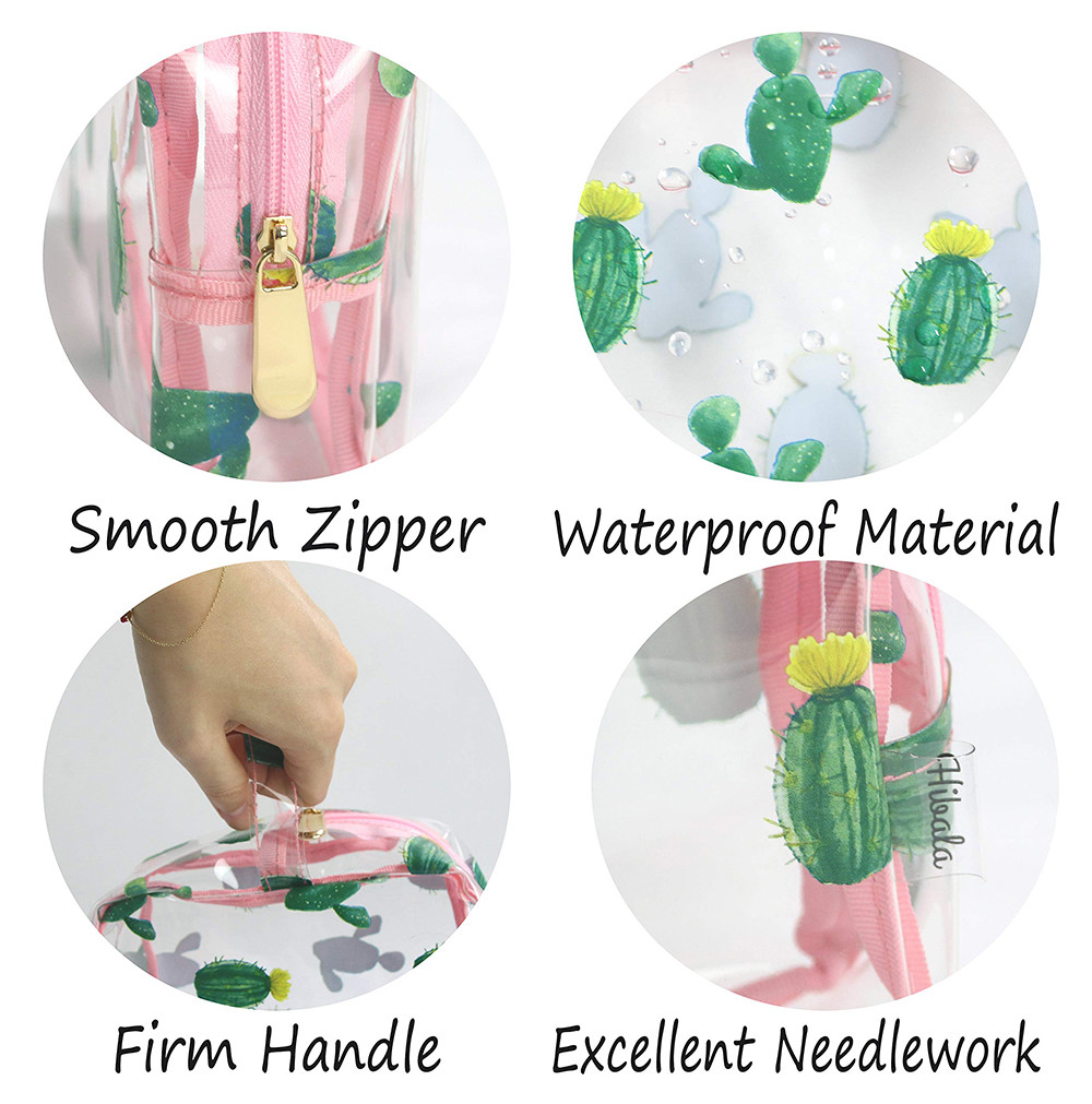 2pcs Zippered Cactus Print PVC Clear Travel Makeup Bag