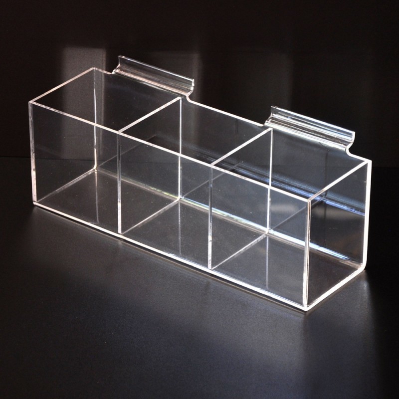 Wall Mounted Clear Slatwall Acrylic Display W/ 3 Boxes Perspex Bins