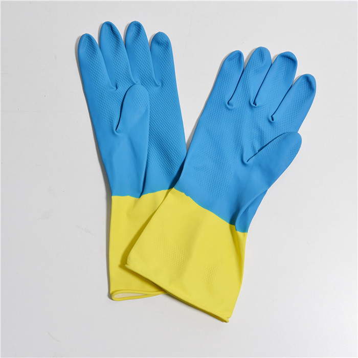 Bi-Color Hand Protective Flock Lined Rubber Gloves Anti-Oil Household Rubber Gloves