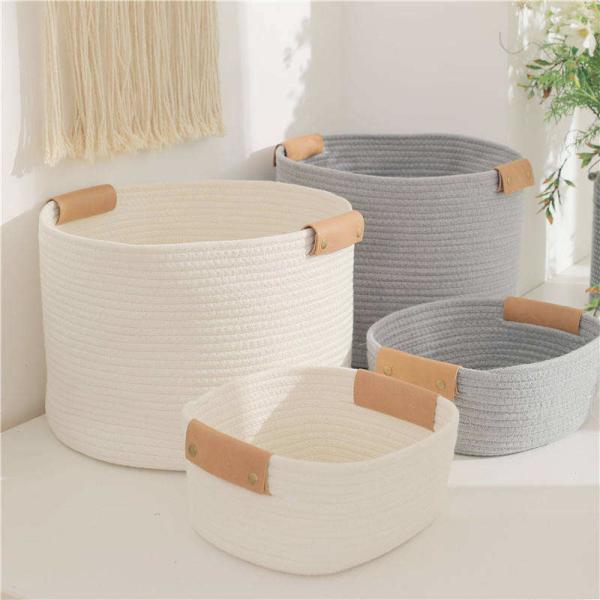 Quality Decorative Containers KingWell Handwoven Storage Basket With Leather Handles for sale