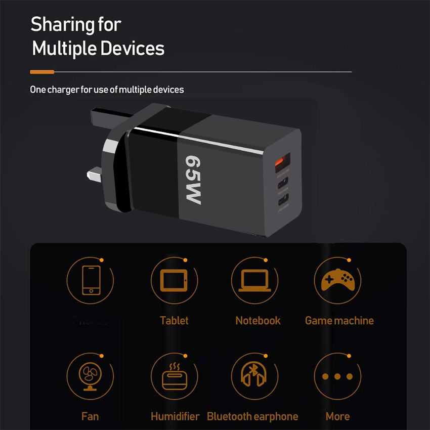 65W Mini Type-C Fast Charging PPS 65W GaN Charger with Three Ports and A 2C Technology