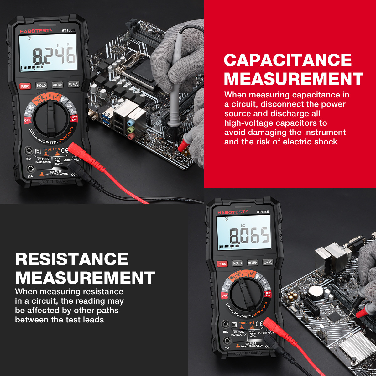 Ammeter HABOTEST HT136E/A Digital Multimeter 20000 Counts Voltage Current Detector Capacitance Resistance Frequency Temp Test