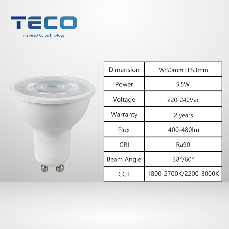 Teco GU10 LED Bulb 1800-2700k No Flicker 60 Degree CRI 90 Dim To Warm 230V