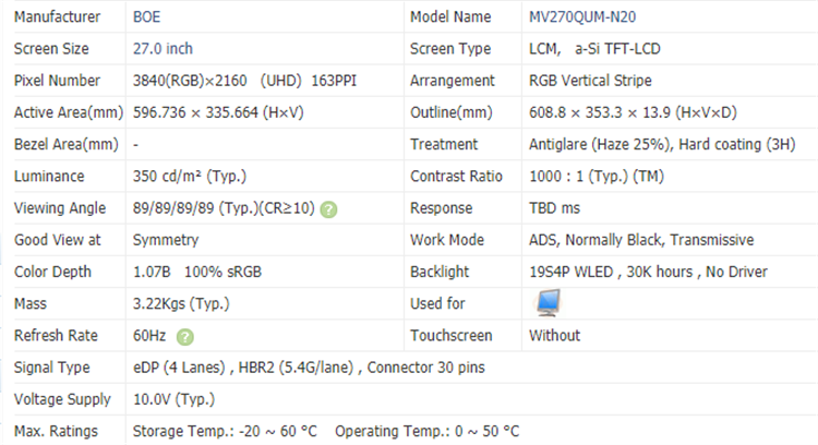 8 Bit TFT LCD Monitor 27 Inch MV270FHM N40 Computer Flat Screen Monitor LVDS