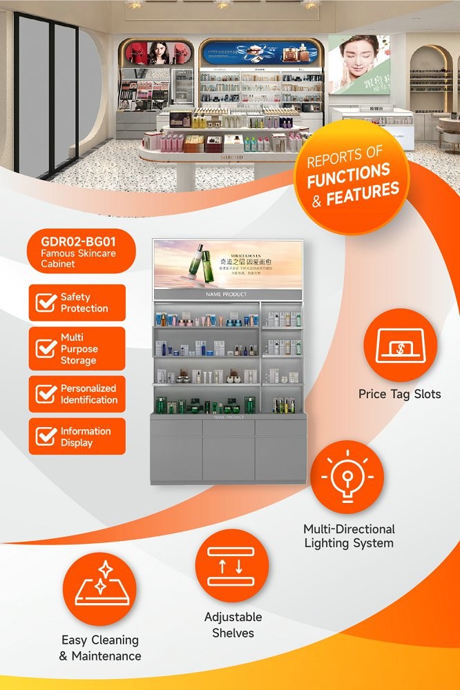 GDR02-BG01 Skincare Display Cabinet with LED Strip Lights and White Glass for Department Stores
