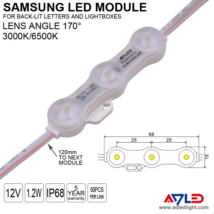 50pcs Per String 3 LEDs Modules With LED 2835 SMD 3 LED 160°Beam DC12V