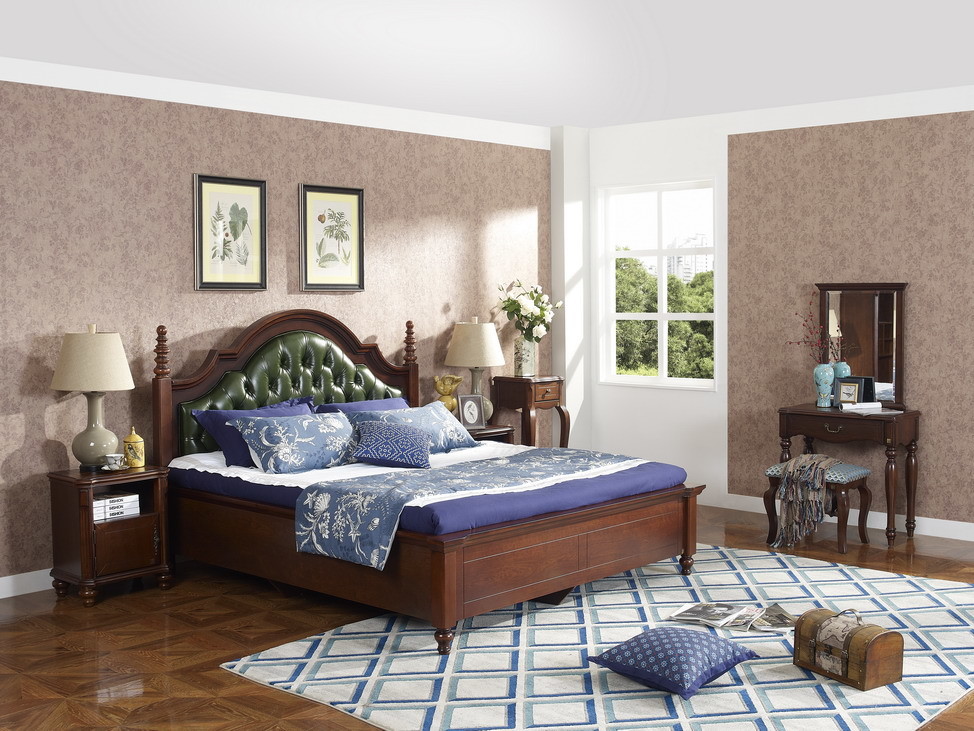Rubber Wood made bedroom furniture Cheap malaysia imported Solid wood bed high quality PU leather Headboard Upholstured