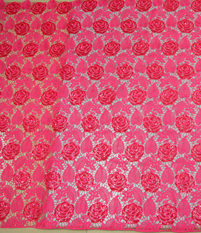 Chemical lace with Red/Pink /Orange Color + Embroidery Sequin Lace Fabric