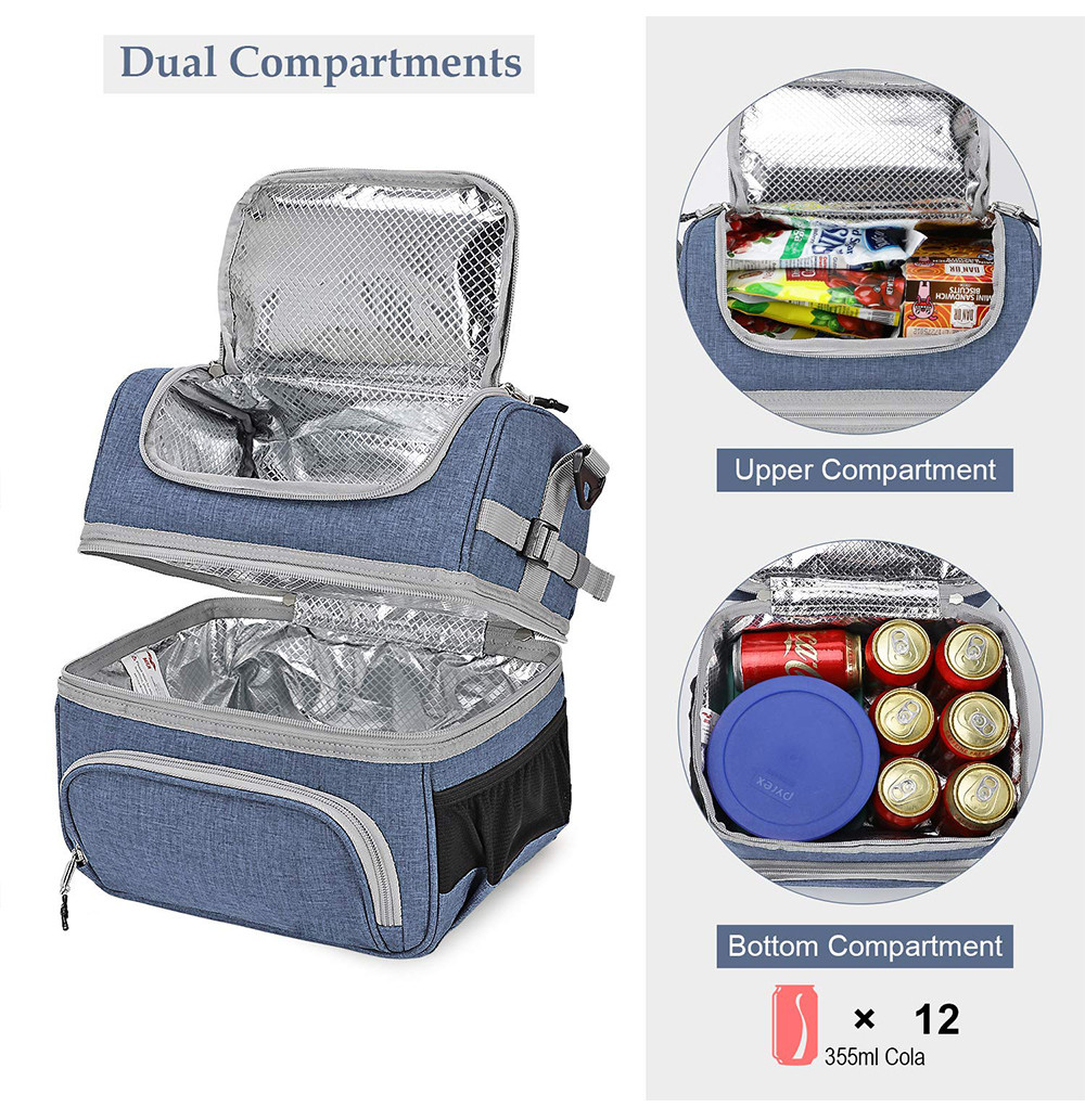 2 Compartment Lunch Bag Tote Large Insulated Cooler Thermal Lunch Box Tote