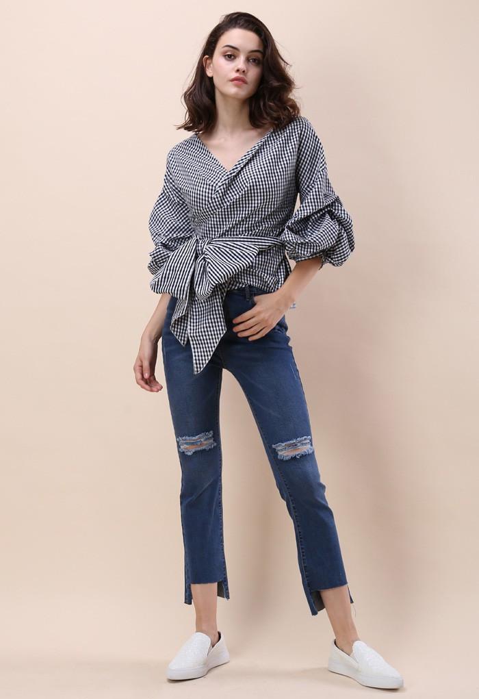 Fall Clothing Blouse Ladies Gingham Tops Women Wrap Top