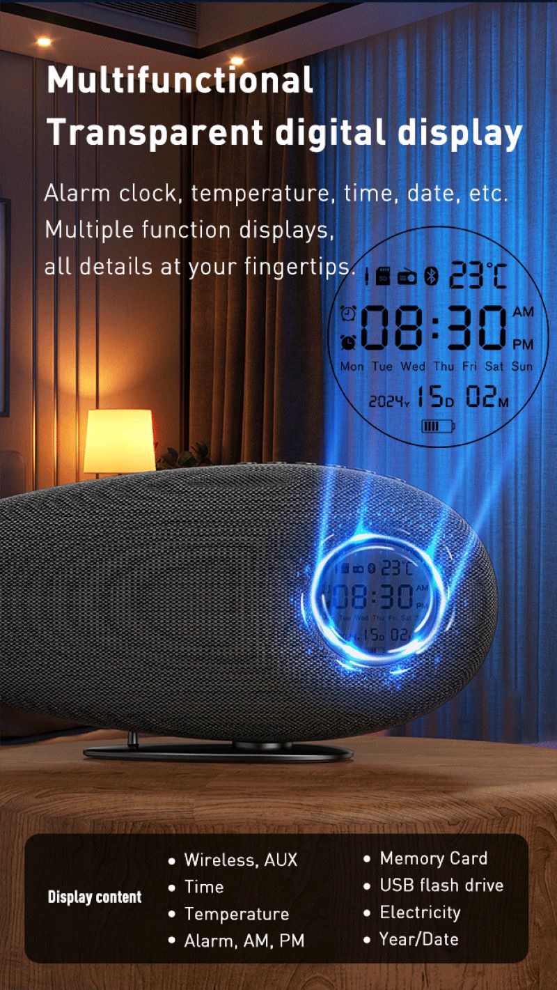 SM-2402 Model Shark Tooth Shaped Wireless Clock with Colorful Lights and Fabric Cover