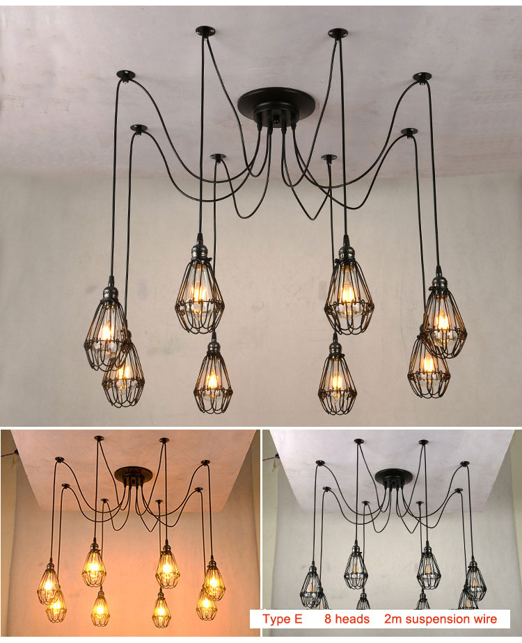 Retro Loft Industrial Chandelier Adjustable E27 Multi Head Lamps Restaurant metal lamp(WH-VP-225）