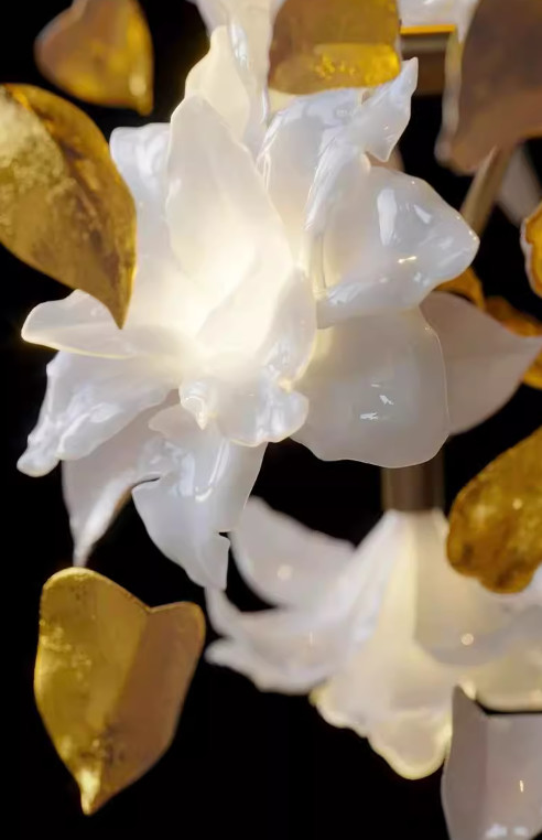 Copper + Imitation Jade Flowers Light Luxury Hotel Loft Villa Crystal Staircase Chandelier