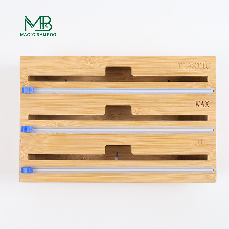 Wall Mount GLOSSY Bamboo 3 in 1 Wrap Dispenser with Cutter and Organizer 35.5*25*7.8cm
