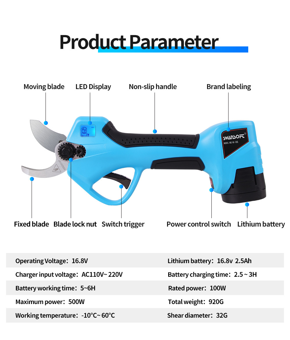 16.8V 32mm New Electric Pruning Shear With LED Screen / Cordless Pruner For Fruit Tree Branches With Hand Protection