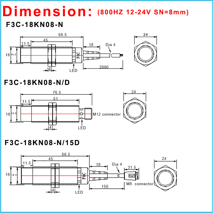 M12 Industrial Automation Sensors Switch 3 Wires AC NO Inductive Switch