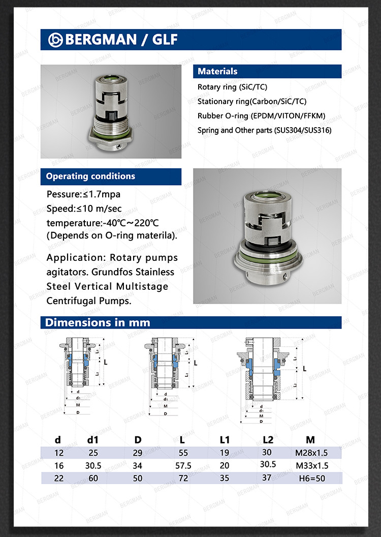 BERGMAN Replace Grundfos GLF-12 16 22 32 36mm CR CRN CRI Pump Mechanical Seal HQQV HQQE 96455086 96511844 96525458