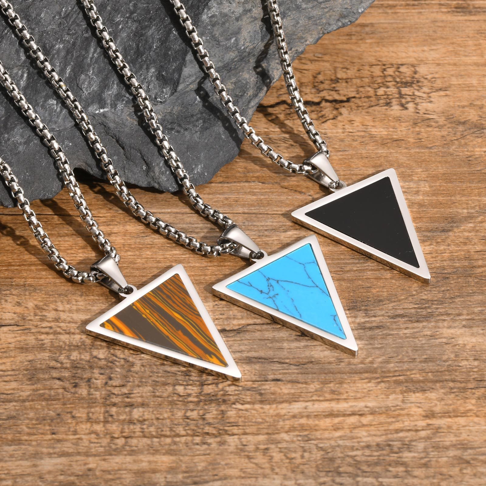 Party Space Triangular Stainless Steel Men's Pendant with Tiger Eye Inlay Length 60cm 23.62in