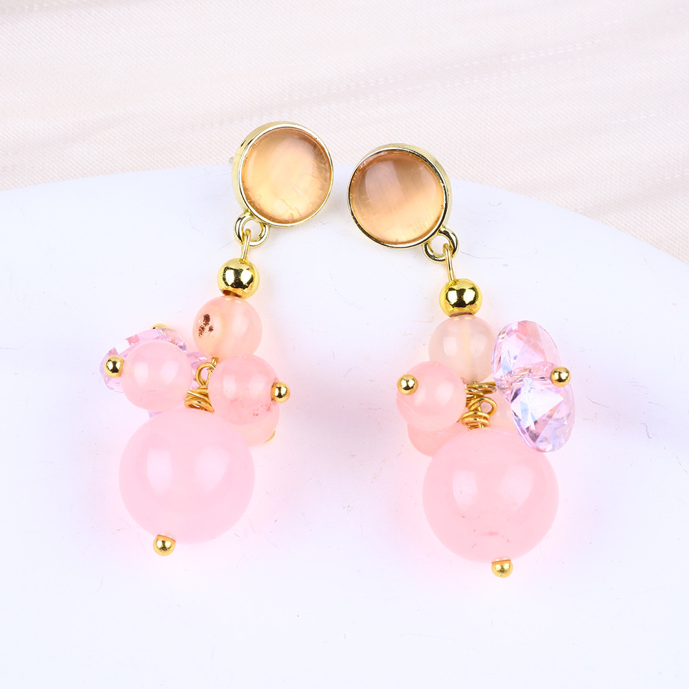 Pink Chalcedony Crystal Stone Unique DIY Oval Pendant Round Bead Stud Earrings For Daily Wear