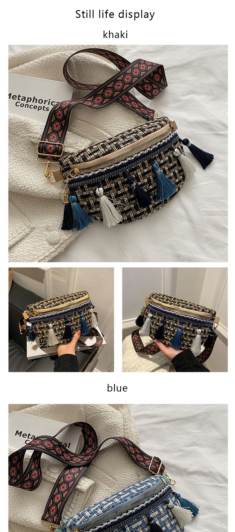 Tassel Decor Adjustable Strap Waist Bags Plaid Pattern Waterproof Cycling Bum Bag OEM