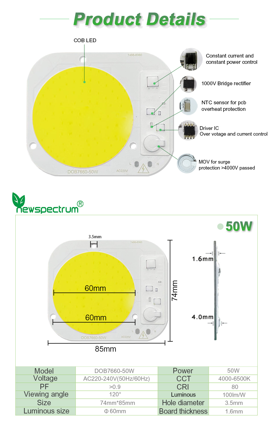 Round 50W LED Chip High Power Driverless Full Spectrum AC220V
