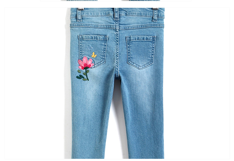 Long Kids Denim Clothes Baby Girl Denim Pants With Flower Embroidered Decor