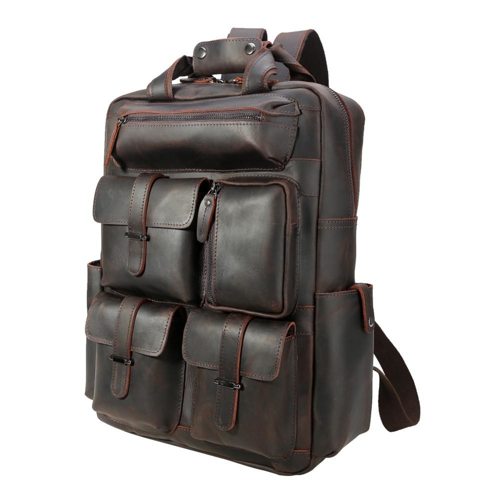 Mens Genuine Leather Bag 15.6 Inch Laptop Backpack Large Capacity Traveling Backpack Bag