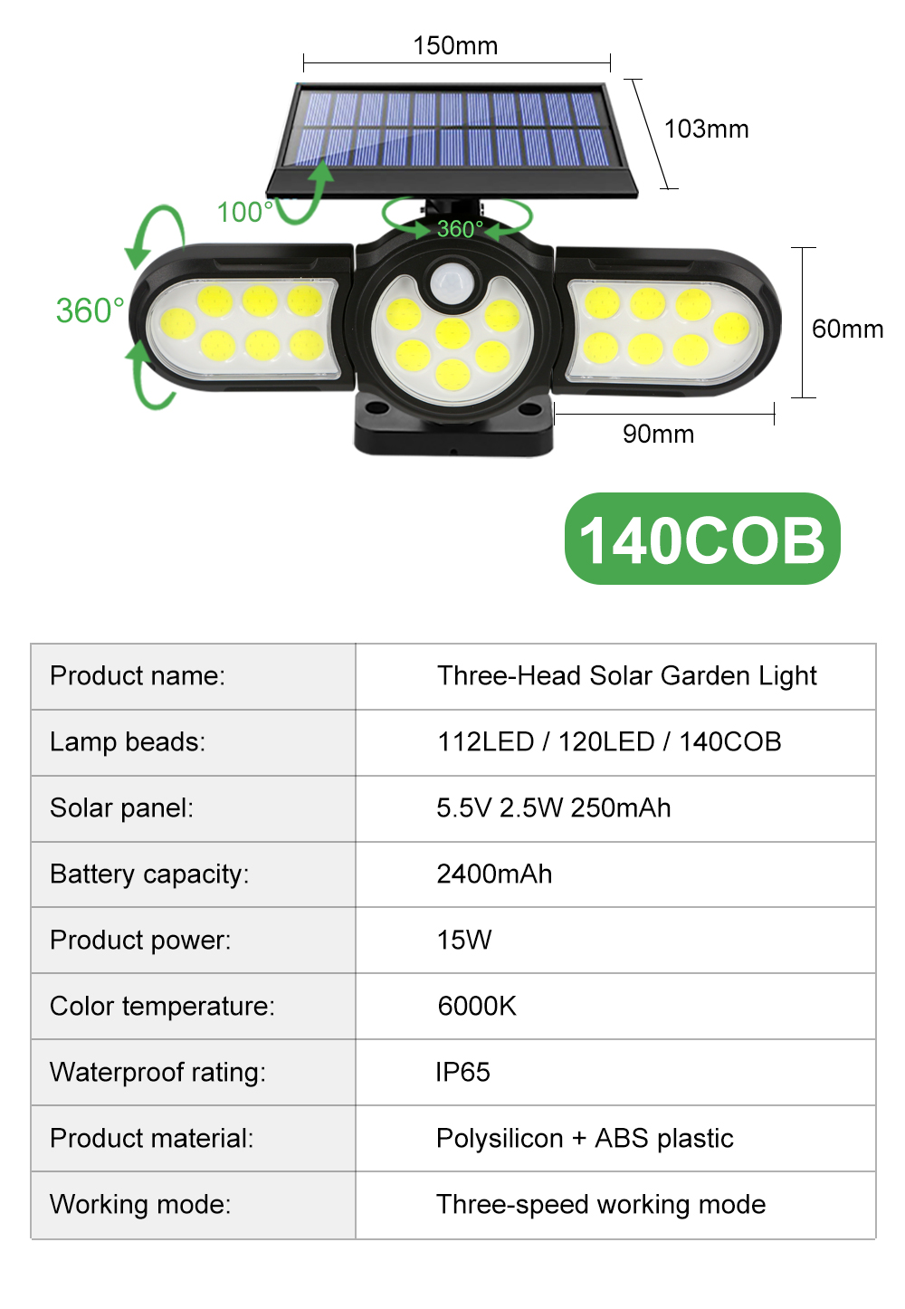 2400mAh 120LED USB Rechargeable Motion Sensor Light Three Head 140COB
