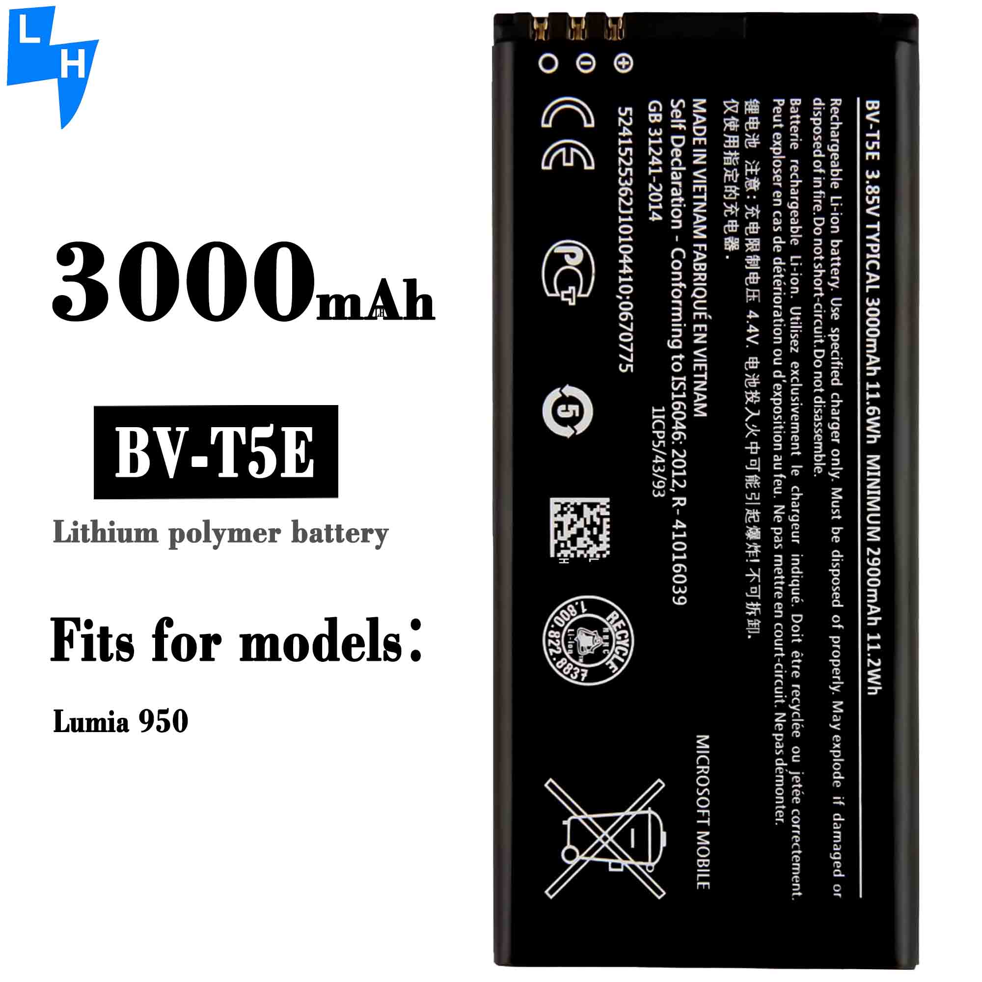 500PCS MOQ BV-T5E 4.4V 3000mAh Rechargeable Battery for Nok Lumia 950 RM-1106 RM-1104 RM-110