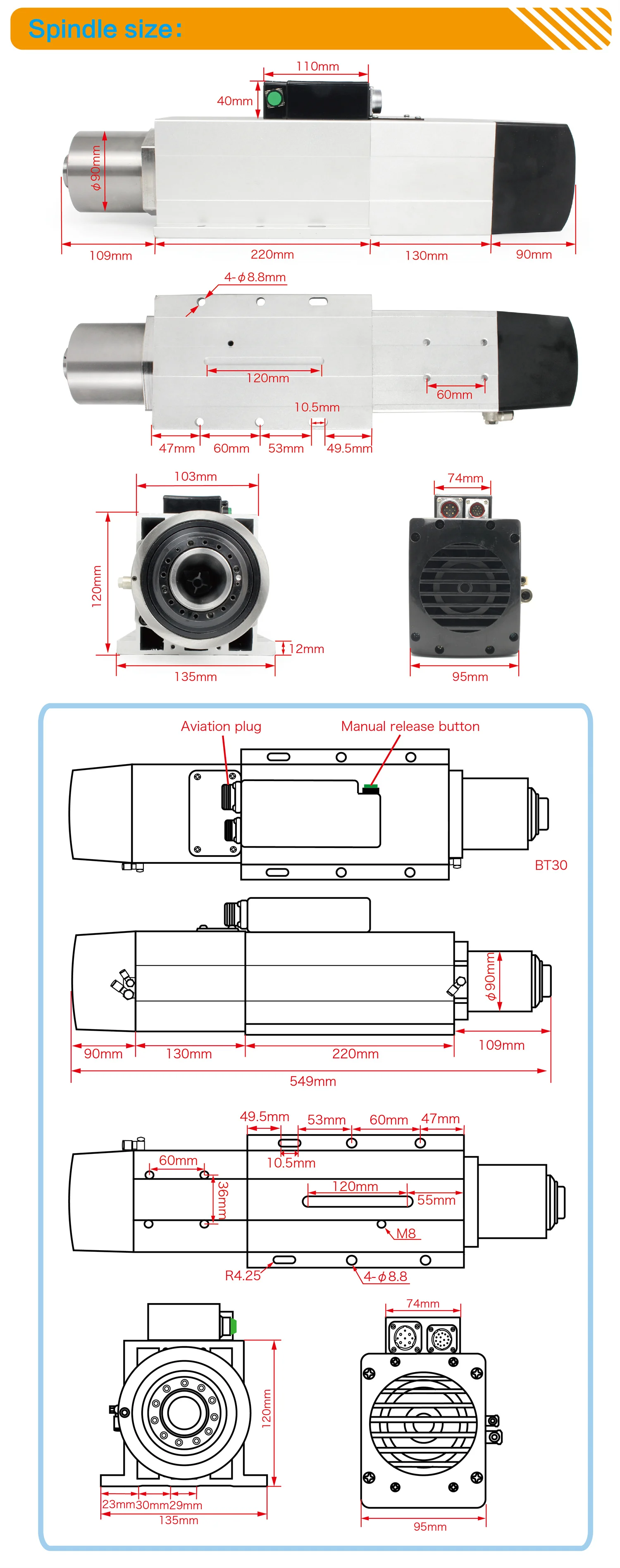 7.5KW ATC CNC Spindle Motor BT30 Air Cooled 800Hz 220V For Engraving Machine