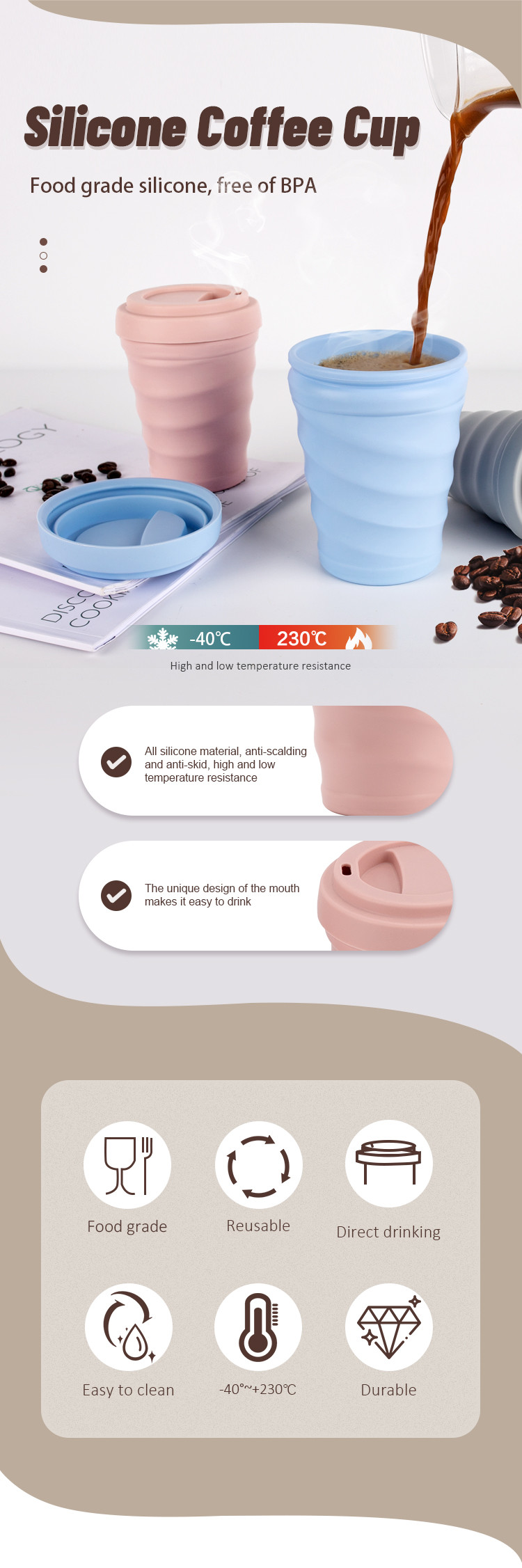 Silicone Water Cup 8oz / 12oz / 16oz Non Toxic BPA Free Reusable Durable