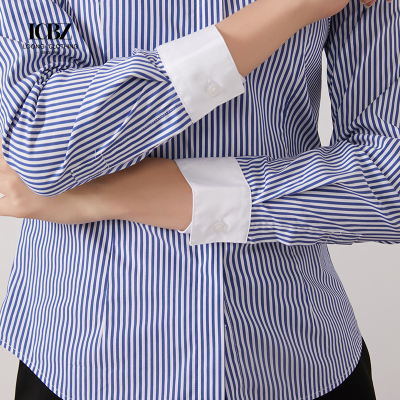 Work Office Formal Navy 100% Cotton Strip Button Down Shirts Custom Contrast Color