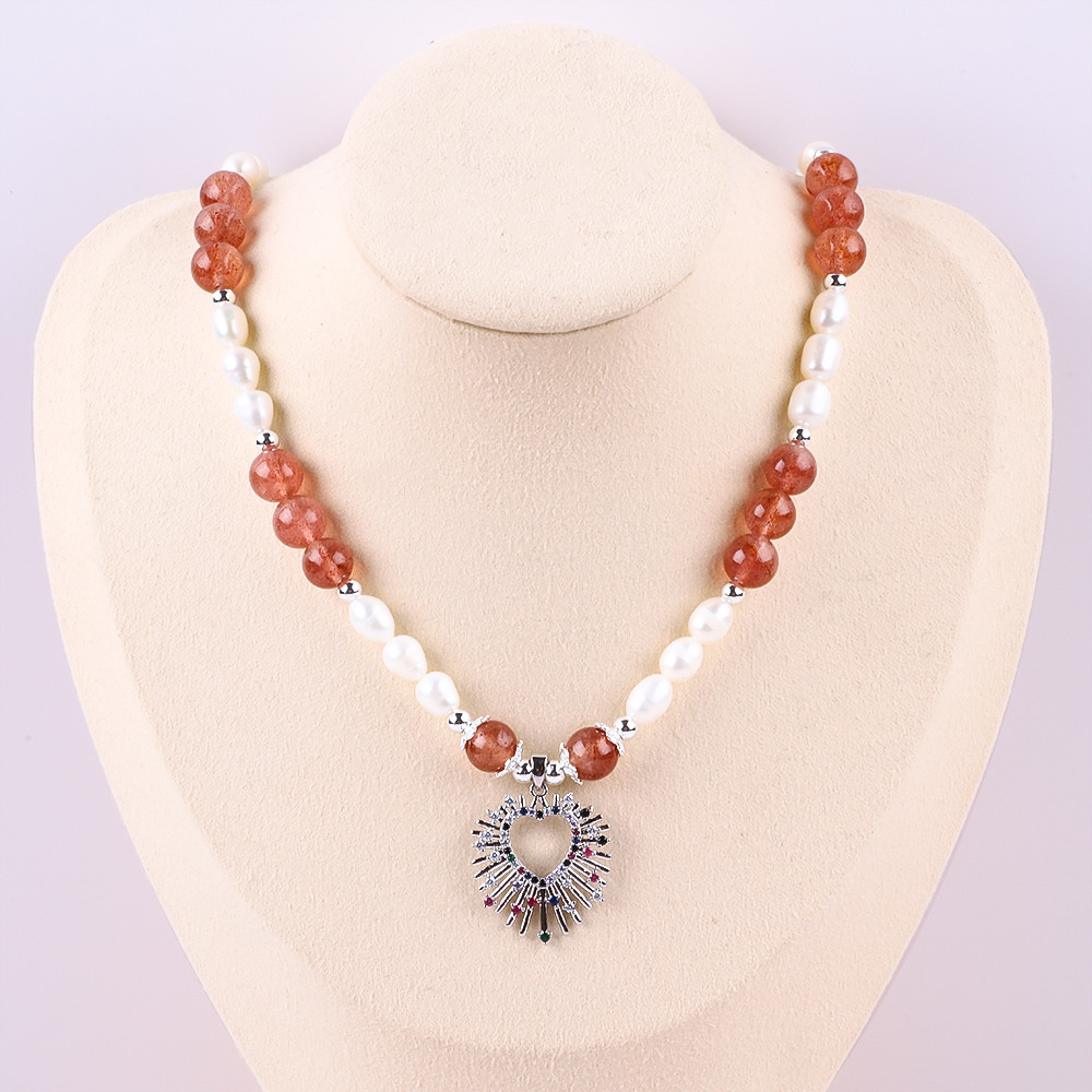 Women Strawberry Quartz 5mm White Freshwater Pearl Necklace