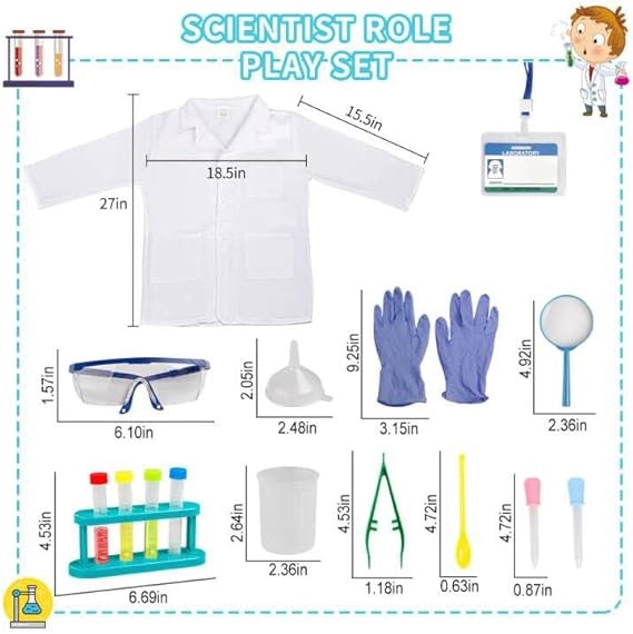 Scientist Costume For Kids Lab Coat With Science Experiment Kit Dress Up & Pretend Play For Boys Girls Age 4-8